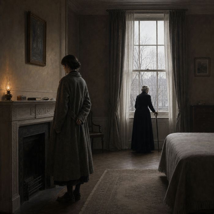 Ein stilles Zimmer, zwei Frauen am hohen Fenster, draußen kahle Bäume.